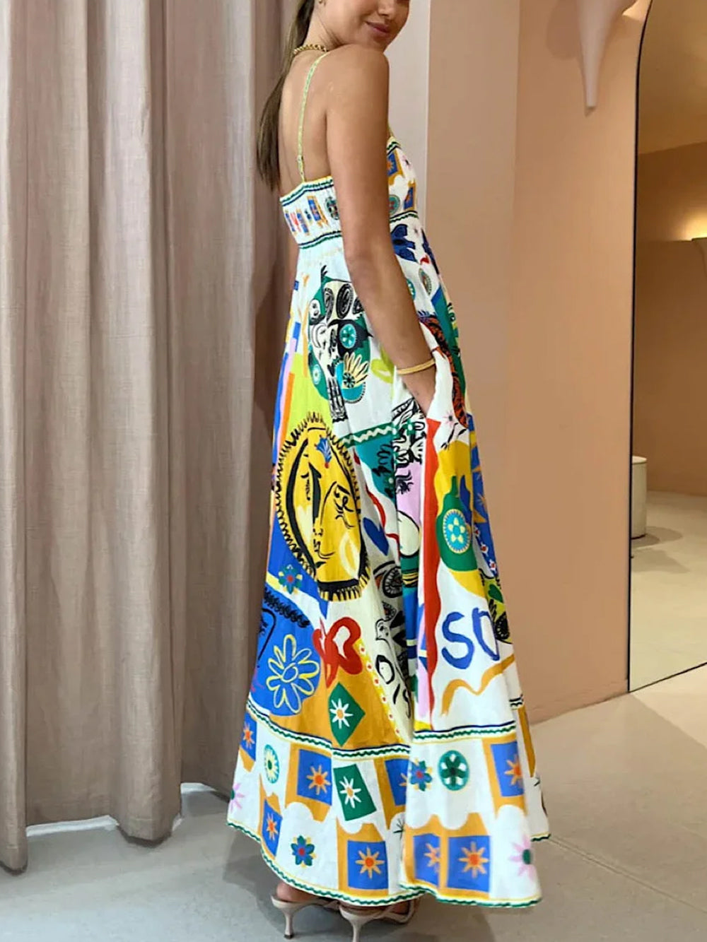 Women's chic graffiti print geometric maxi slip dress, a stylish and comfortable choice for casual summer days.