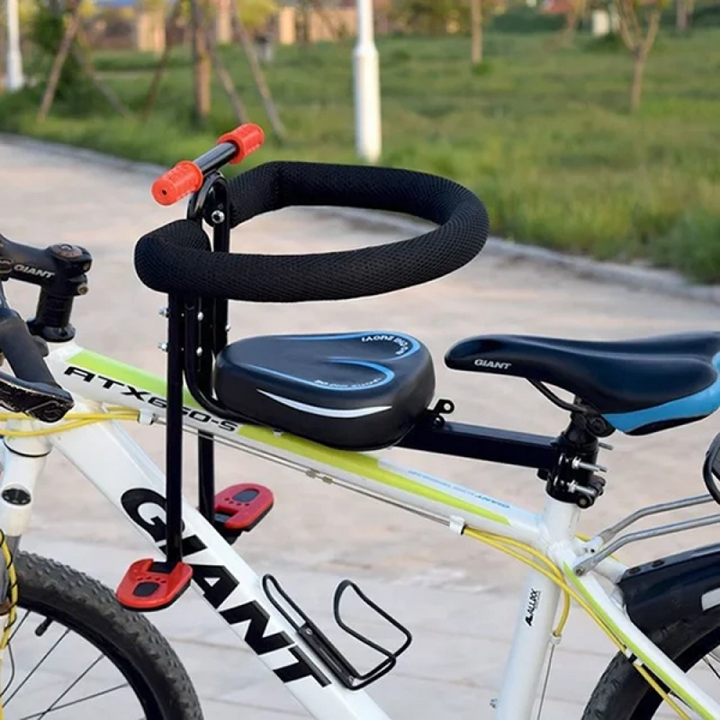Front-mounted kids bicycle seat for toddlers, providing a comfortable and interactive view during family bike rides.