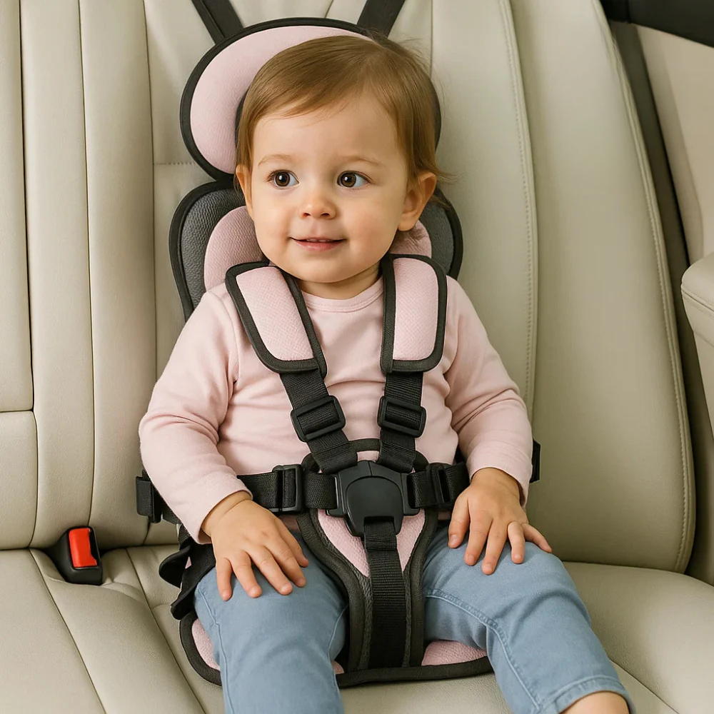 Kids safety seat: a toddler booster with adjustable straps & compact foldable design for car travel.