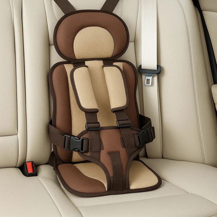 Adjustable straps on a compact, foldable child travel booster seat, ideal for various car types.