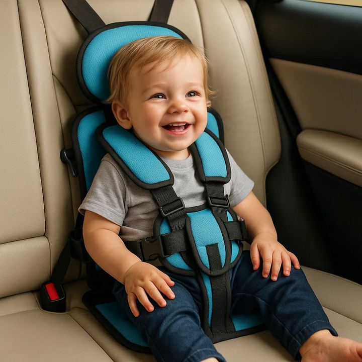 Child foldable travel seat, a portable car seat booster with adjustable straps & compact design.