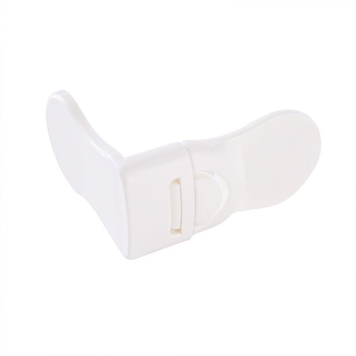 Easy-install plastic child safety cabinet lock secures corners & protects children from harmful contents.