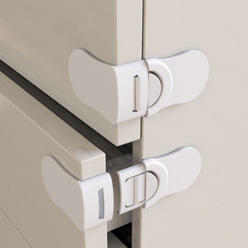 White plastic child safety lock for cabinets & drawers. Essential baby proofing for home security & child protection.