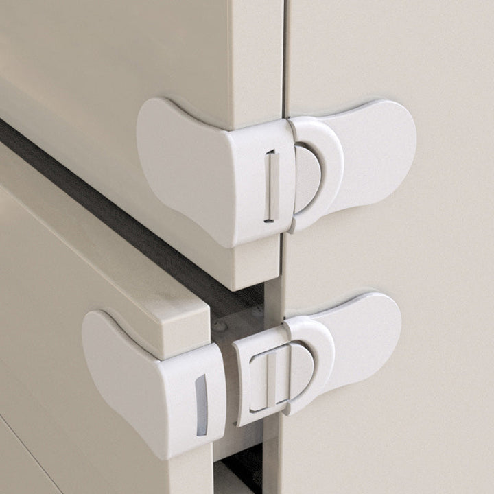 White plastic child safety lock for cabinets & drawers. Essential baby proofing for home security & child protection.