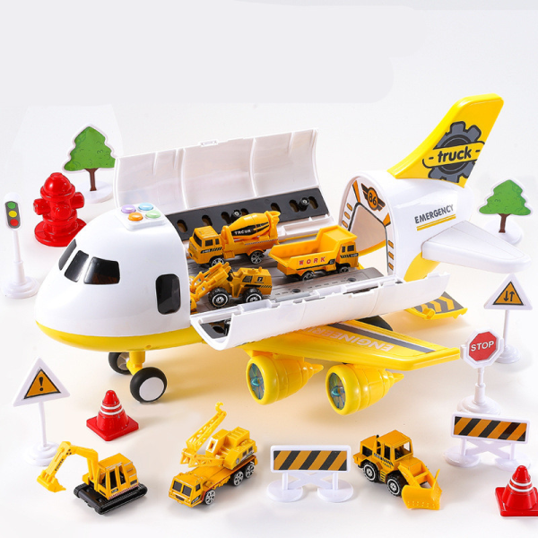 Colorful children's airplane playset, featuring an aircraft, city vehicles, and play figures for kids.