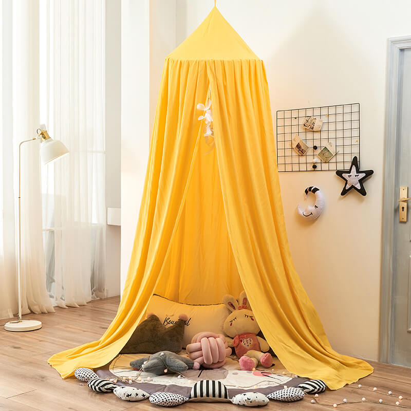 Whimsical black bed canopy for children, offering light blocking and a magical play area.