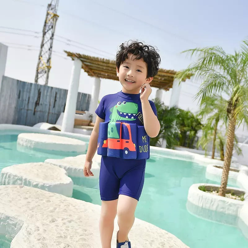 Children's buoyant life jacket, orange, for safe swimming & water play.