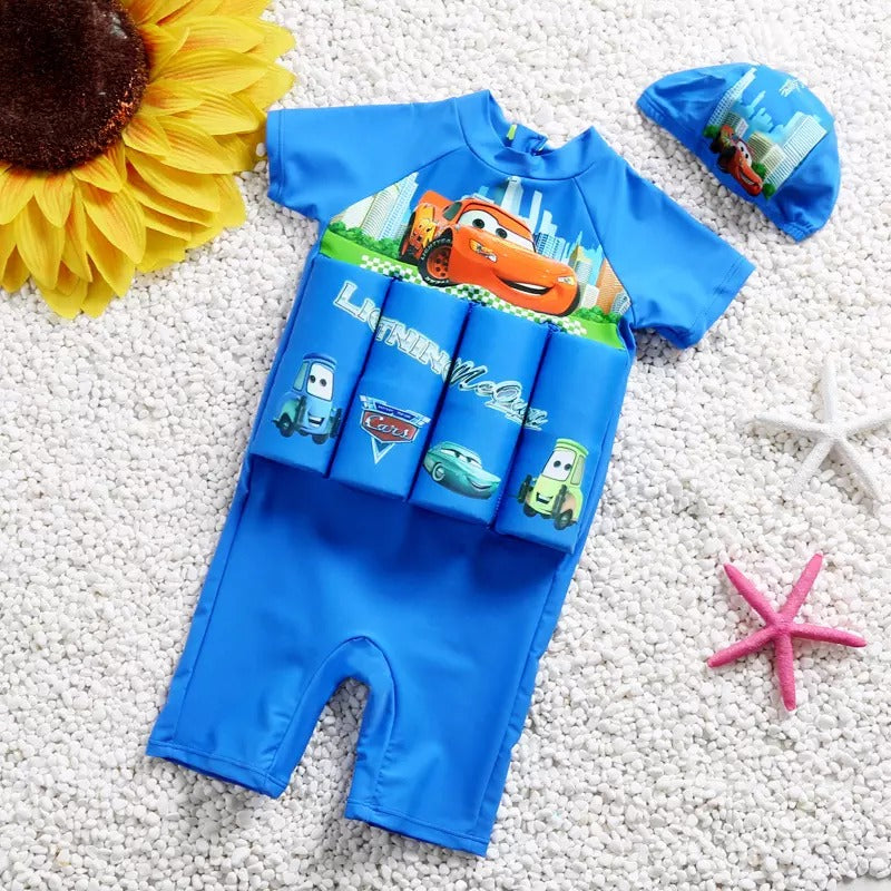 Kid's swim vest, blue, providing buoyancy & confidence in the pool.
