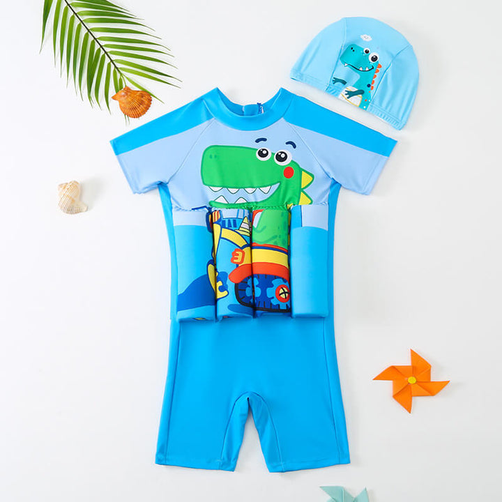 Boy's blue buoyant swim vest, essential gear for safe swimming & beach play.