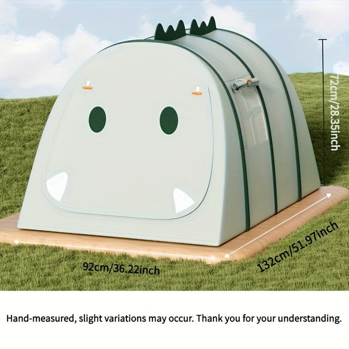 Foldable pop-up dinosaur play tent for children, ideal for indoor or outdoor imaginative adventures.