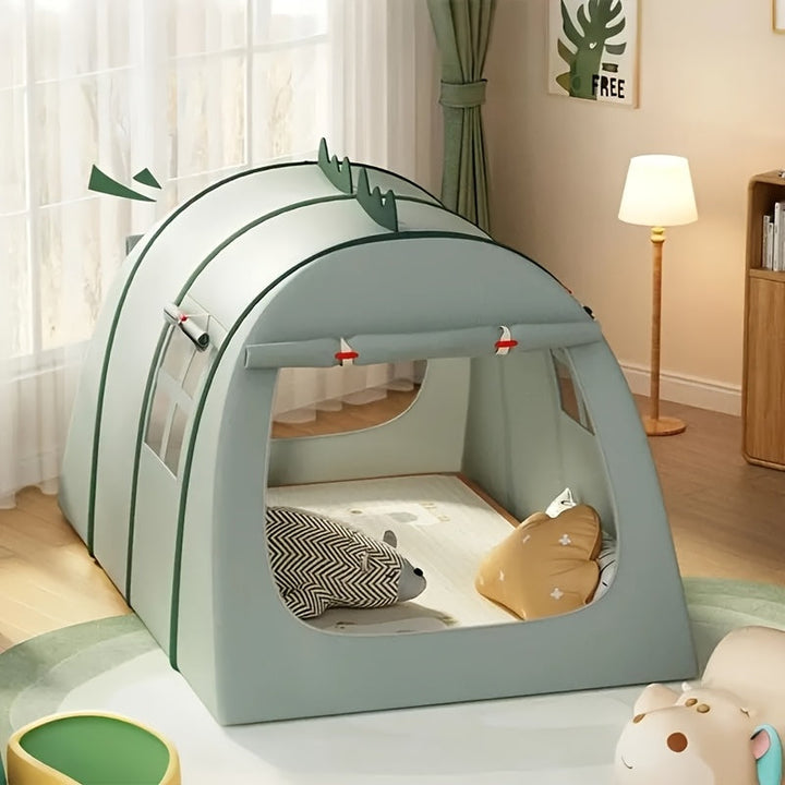 Bright green dinosaur play tent, foldable & portable, perfect for kids' indoor & outdoor imaginative fun.