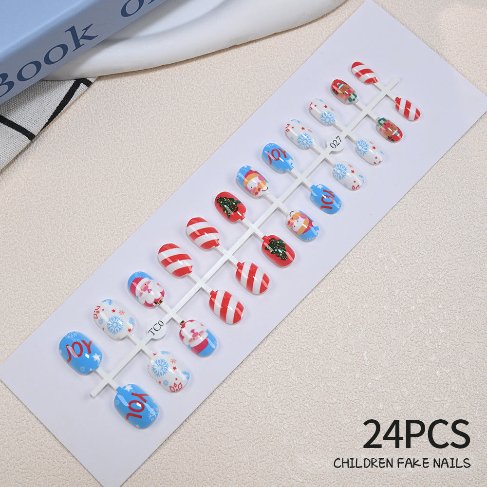 Girl's non-toxic press-on nail set, 24 festive designs, playful and safe for kids.