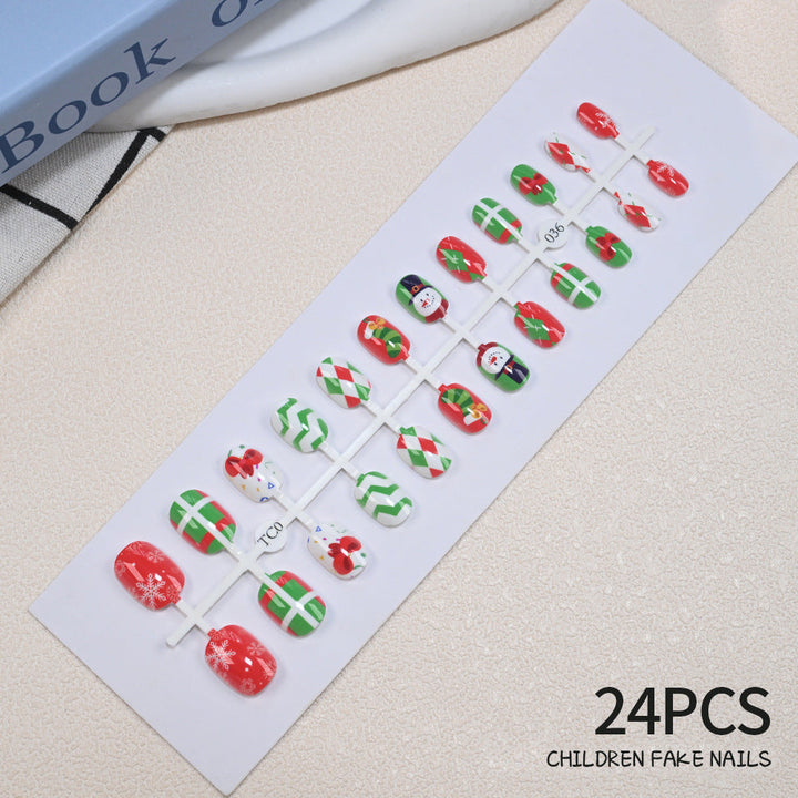 Kids' festive nail art kit, 24 playful press-on designs, non-toxic & colorful.