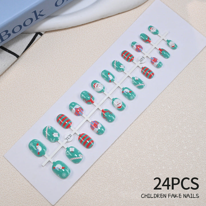Kids' playful press-on nails, 24 Christmas & holiday designs, simple application for girls.