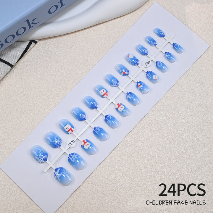 Festive nail art set for children, 24 colorful press-on designs, safe & non-toxic for kids.