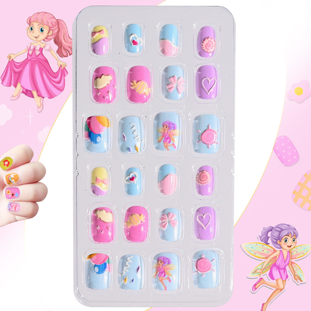 Children's fun press-on nail art set, non-toxic, easy apply fake nails for kids' beauty.