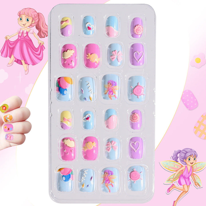 Children's fun press-on nail art set, non-toxic, easy apply fake nails for kids' beauty.