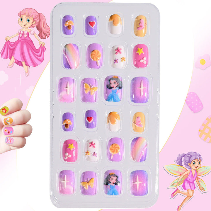 Assorted themed press-on nails for children, safe and fun decorative fake nails for kids' nail art.