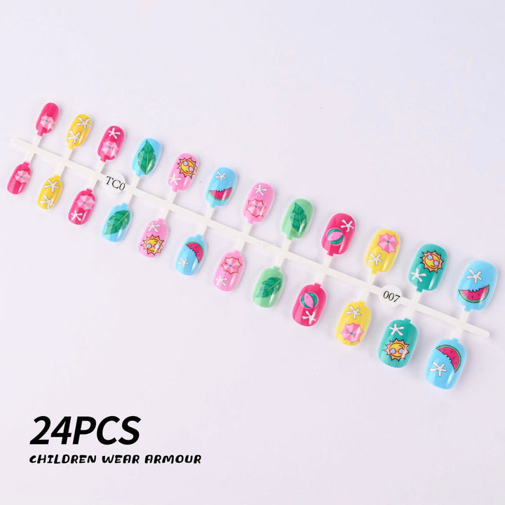 Children's manicure kit with safe, easy press-on fake nails for fun nail art.