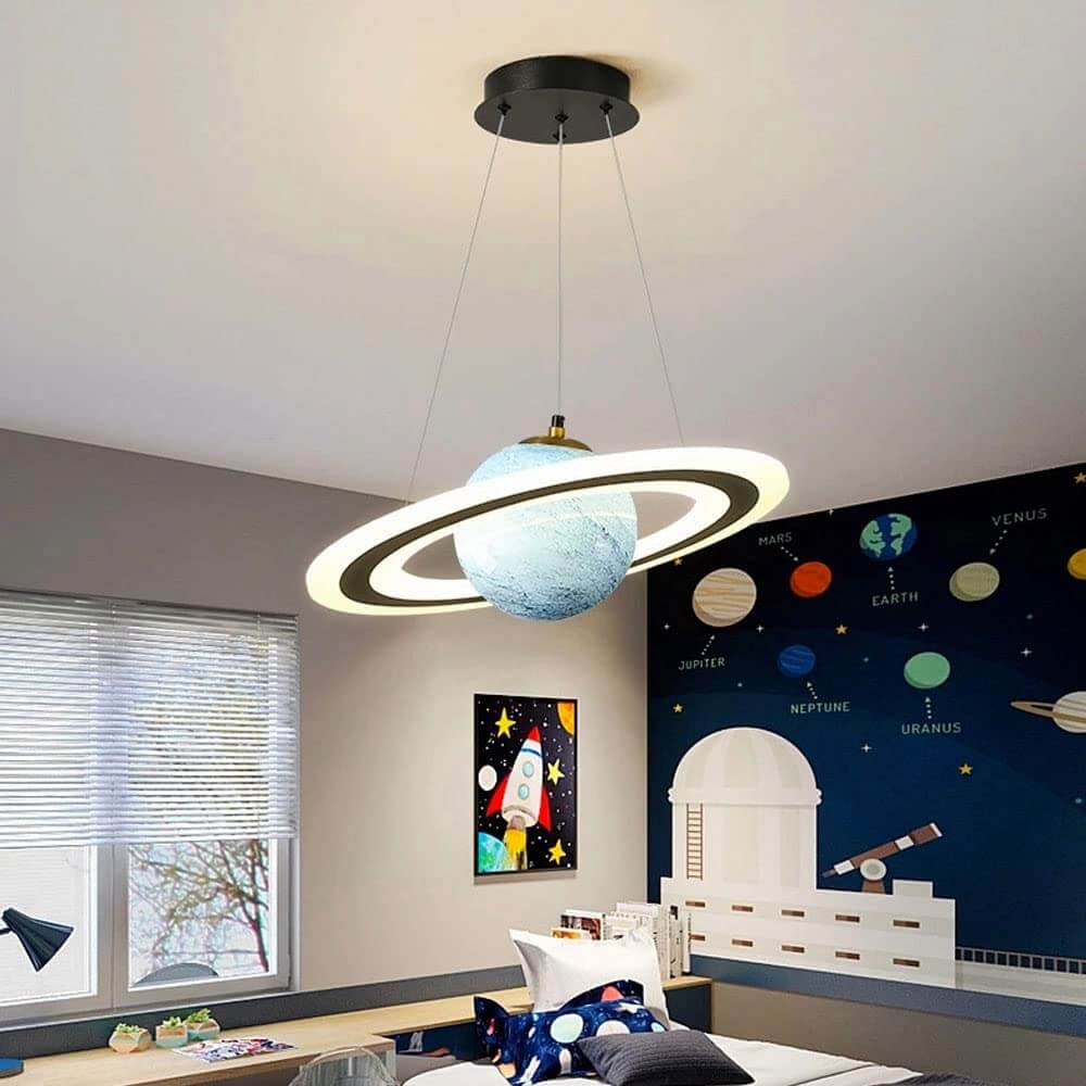 Children's unique LED planet pendant light, perfect for magical kids' room & nursery decor.
