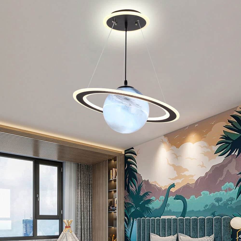 Whimsical LED planet pendant light for a child's bedroom or nursery, creating a magical space.