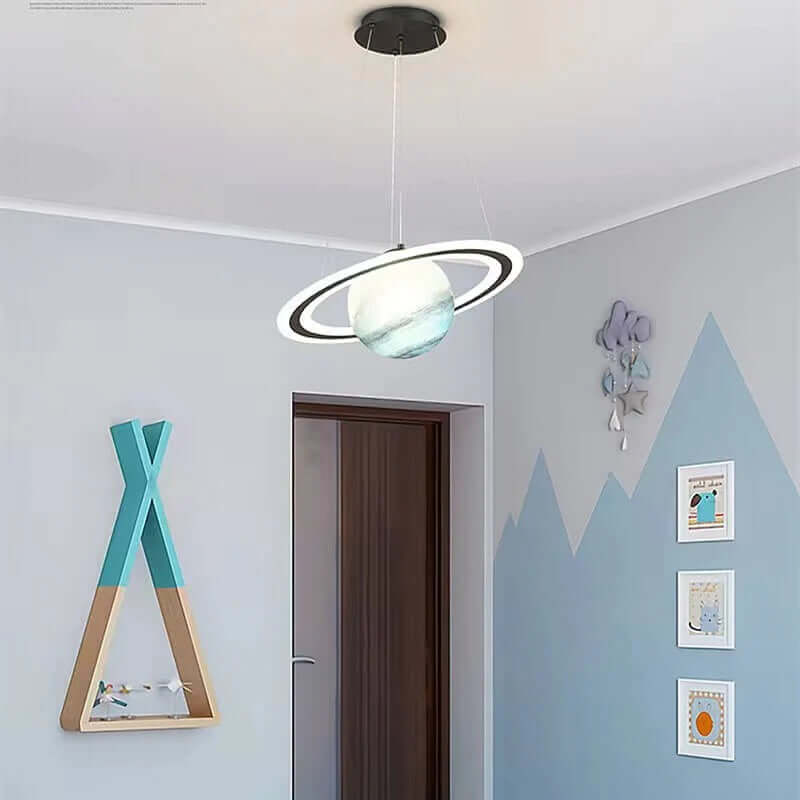 Enchanting LED planet pendant light, providing soft, magical illumination for a child's bedroom.