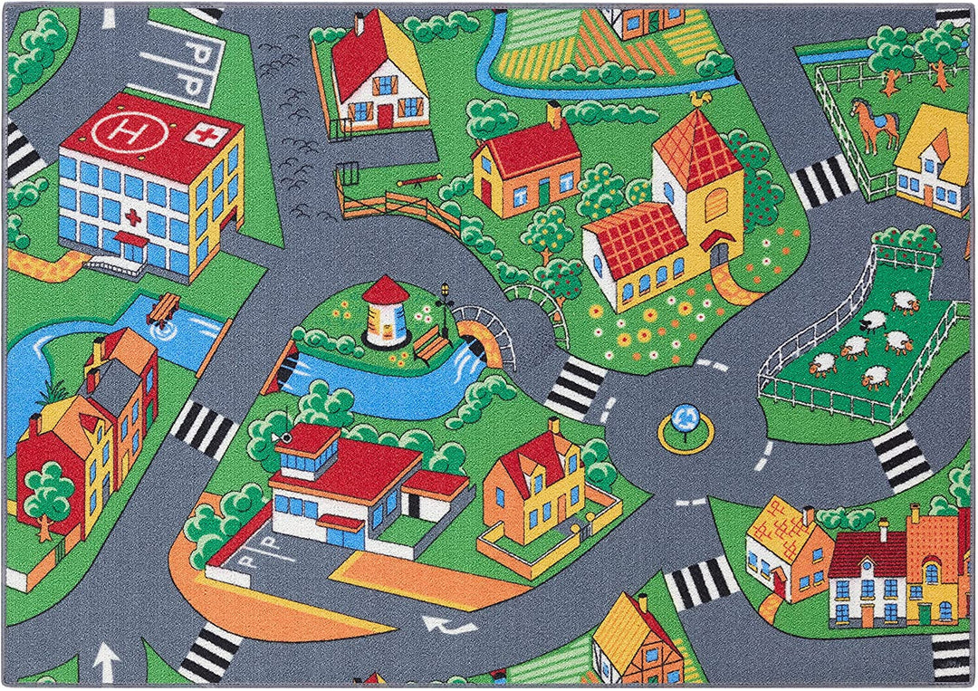 Durable, washable children's playroom rug with non-slip backing for active kids. Provides a safe, soft play area.