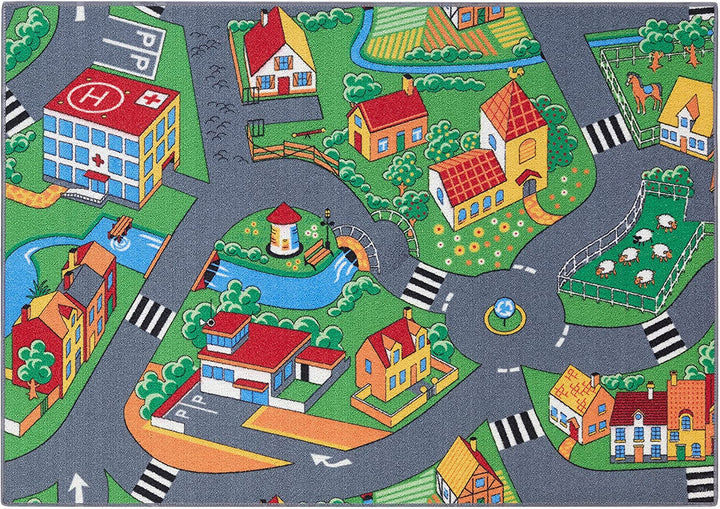 Durable, washable children's playroom rug with non-slip backing for active kids. Provides a safe, soft play area.
