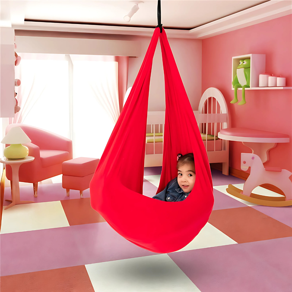 Kids' sensory therapy swing for special needs, providing calming comfort for autism, ADHD, indoor/outdoor.