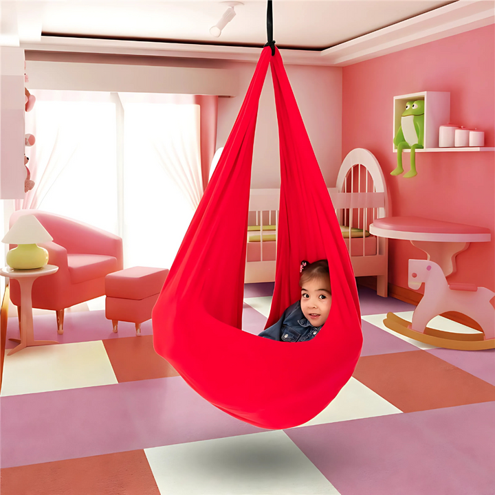 Kids' sensory therapy swing for special needs, providing calming comfort for autism, ADHD, indoor/outdoor.