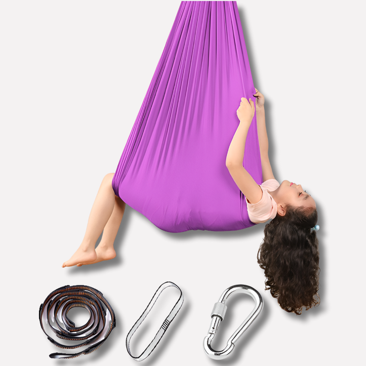 Indoor/outdoor sensory swing hammock for children, offering therapeutic calming for autism, ADHD, special needs.