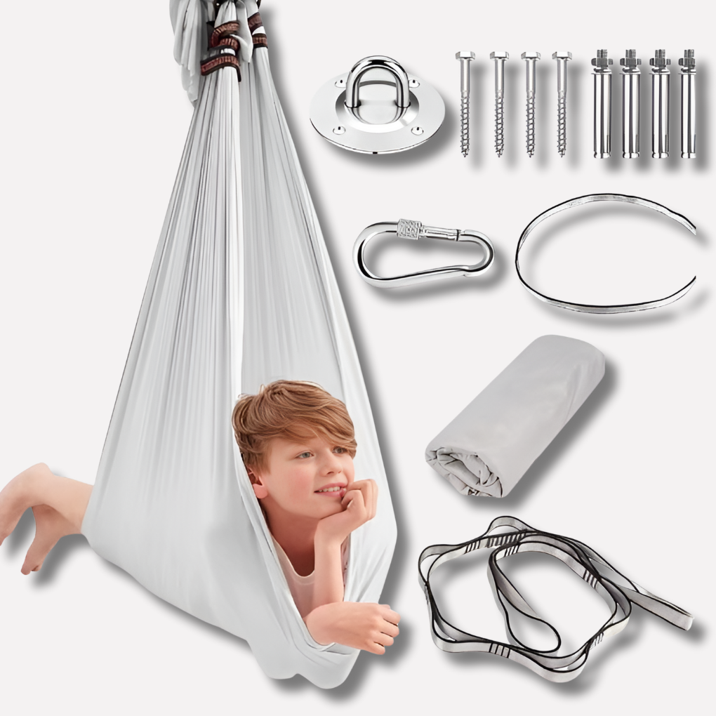 Soft polyester sensory therapy swing for kids, designed for calming comfort and support for children with autism/ADHD.