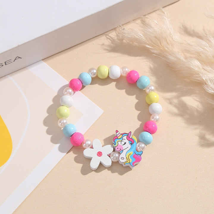 Vibrant wooden beaded bracelet for girls, featuring enchanting unicorn & flower design.