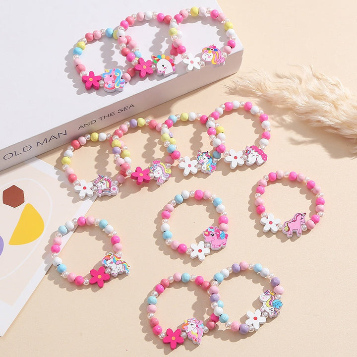 Colorful beaded bracelet for kids, featuring cute unicorn and flower designs, adjustable.
