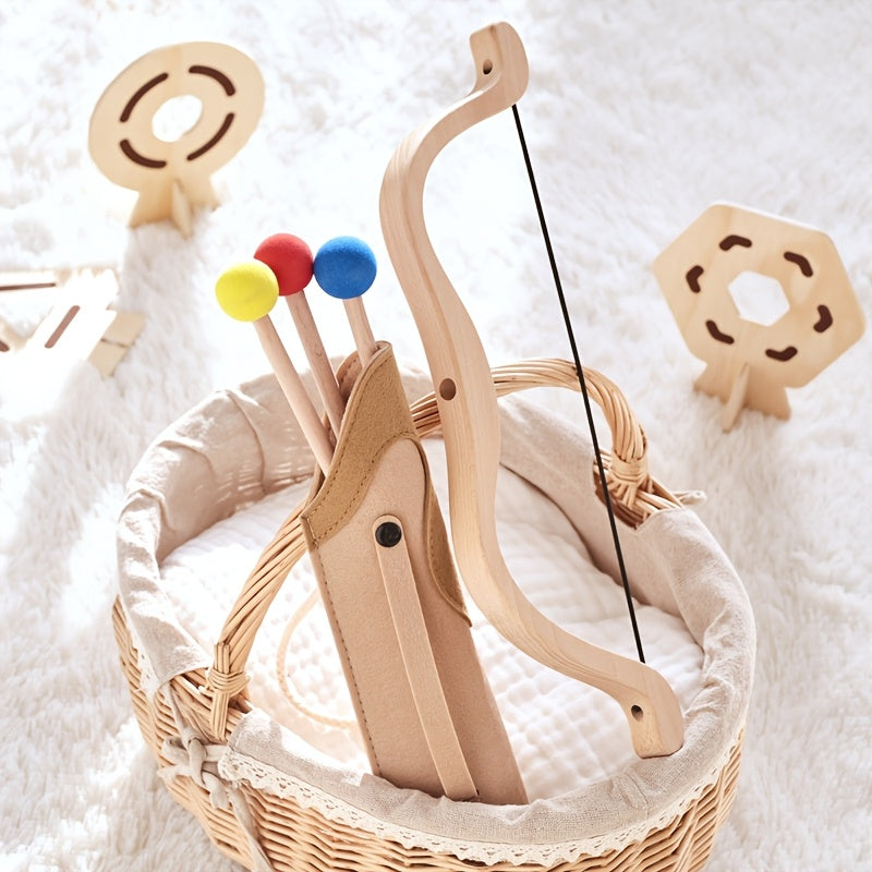 Children's wooden bow & arrow set for safe outdoor play. Educational junior archer toy for kids.
