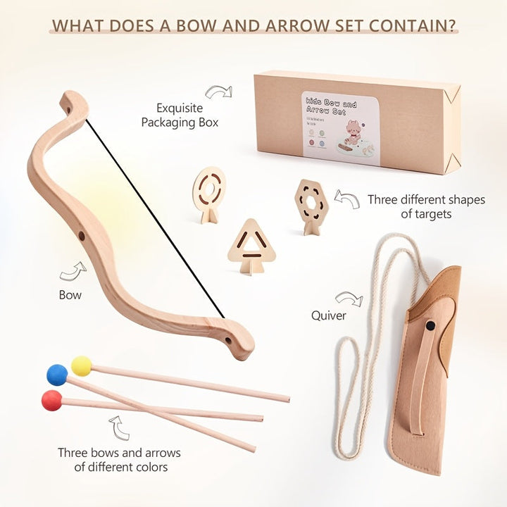 Wooden bow, arrows, and target set for children; safe, educational outdoor play toy.