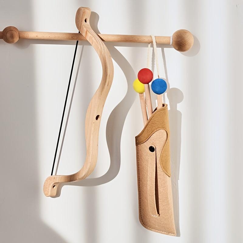 Preschool wooden bow & arrow set, durable and safe for kids' outdoor imaginative play.