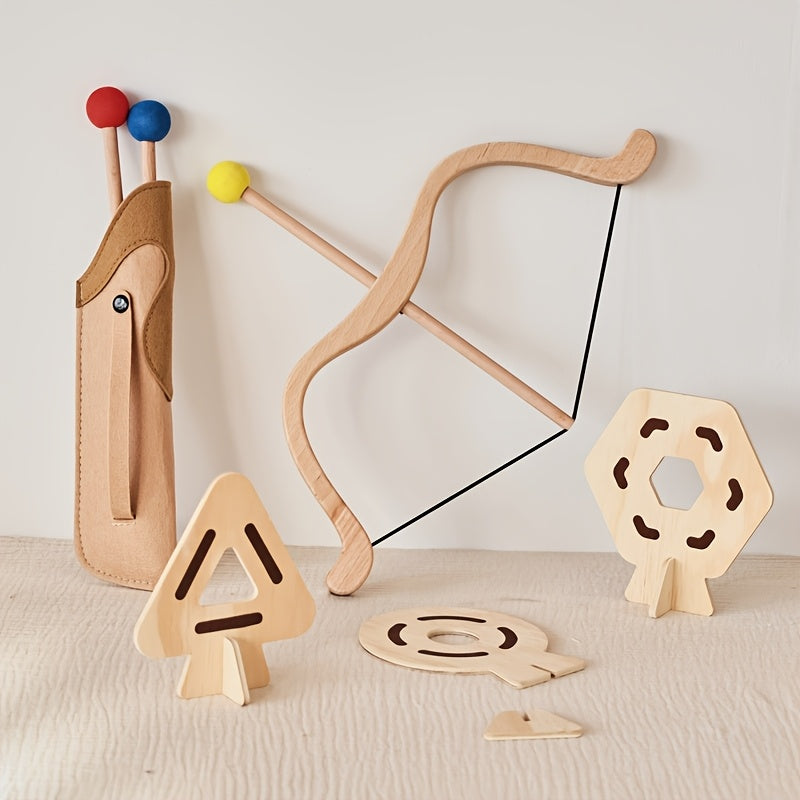 Child aiming a wooden bow & arrow set; fun & safe junior archer toy for outdoor play.