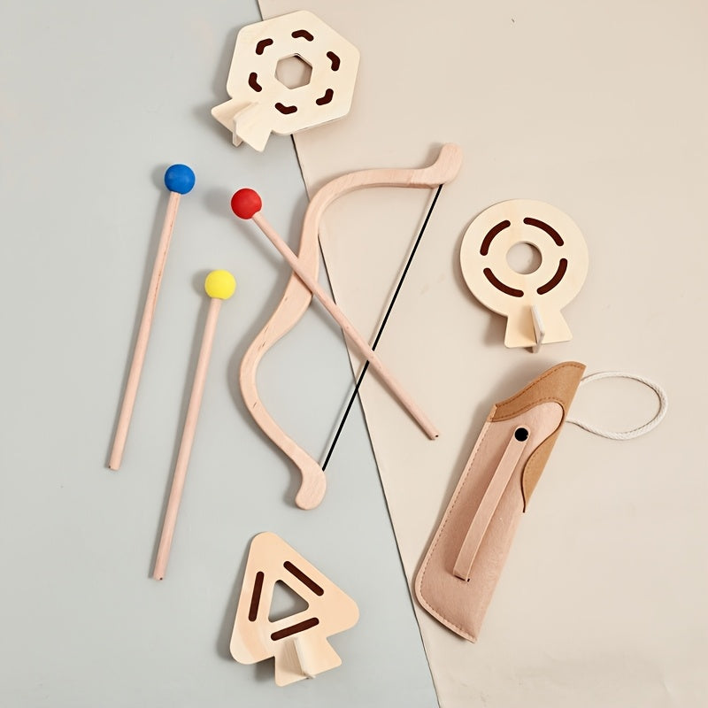 Kids wooden bow and arrow set. Safe, educational outdoor toy for junior archers.