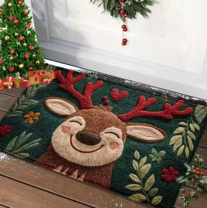 Christmas welcome mat with cheerful gingerbread man & Santa Claus design. Festive holiday entryway decor.