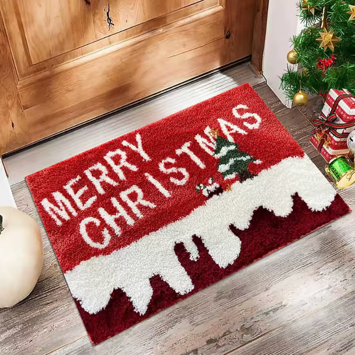 Holiday entryway decor: Christmas welcome mat with cute gingerbread men & Santa Claus for festive ambiance.