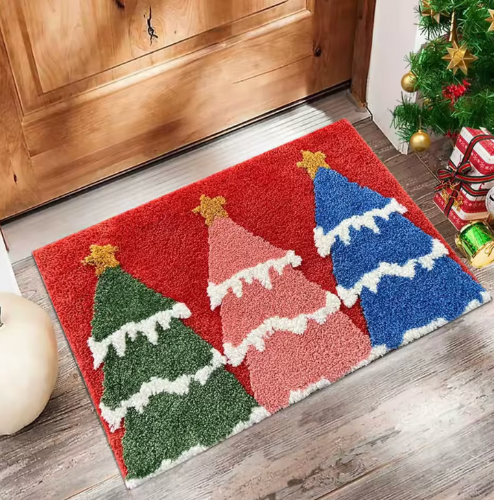 Cheery Christmas doormat showcasing festive Santa Claus & gingerbread characters. Perfect holiday decor.