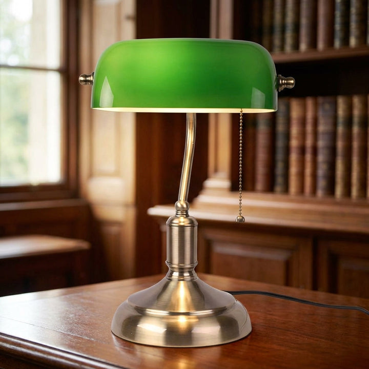 Classic Banker Table Lamp with green glass shade & polished brass base. Vintage desk lamp for office.
