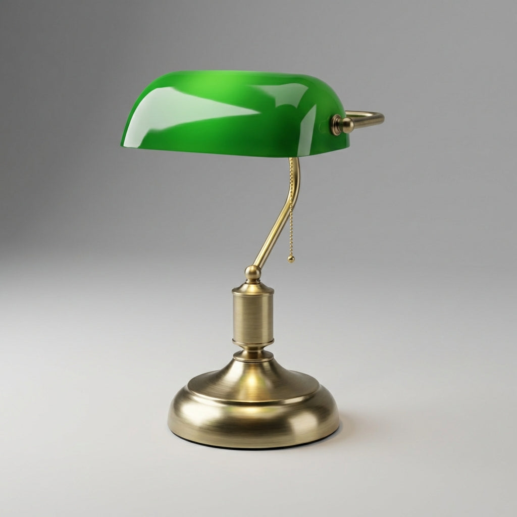 Banker table lamp featuring a vibrant green glass shade and polished metal base. Classic office desk lighting.