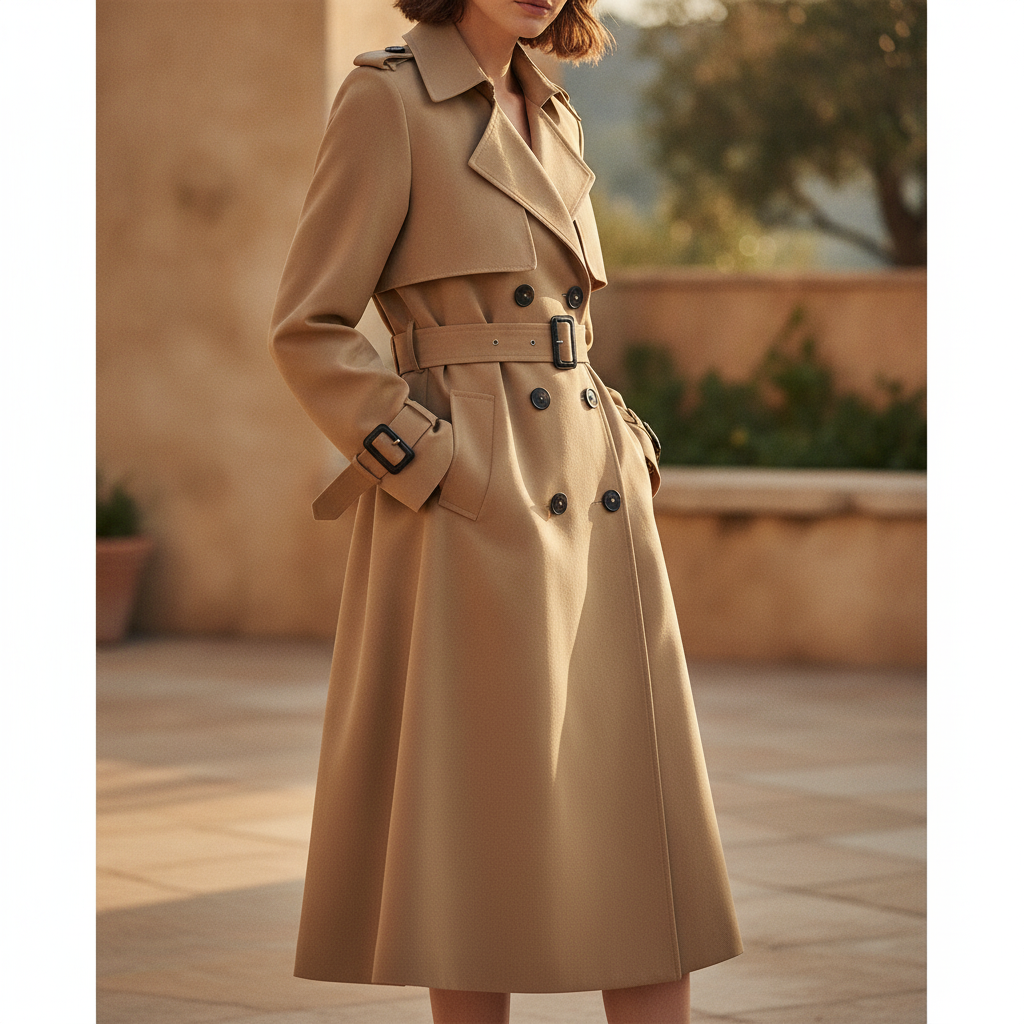 Classic belted double-breasted women's trench coat. Timeless fall outerwear for smart casual elegance.