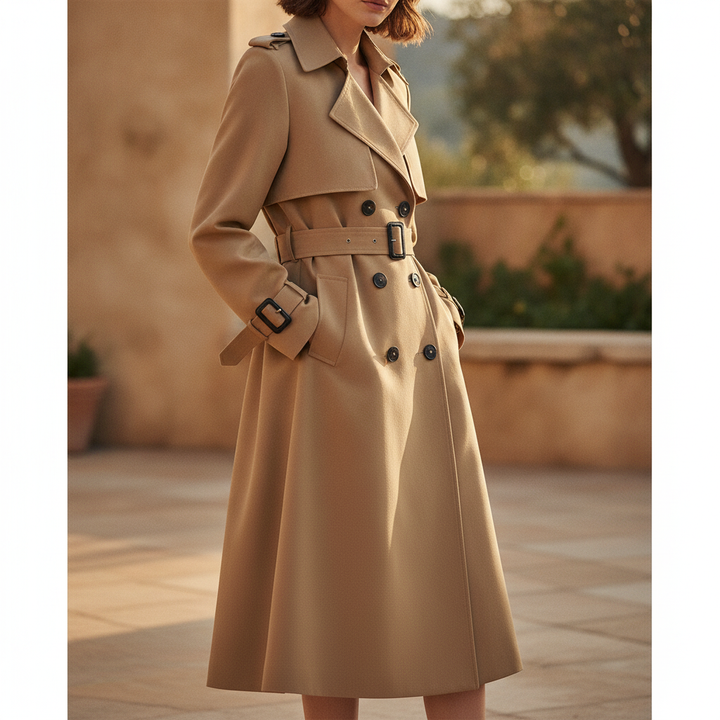 Classic belted double-breasted women's trench coat. Timeless fall outerwear for smart casual elegance.