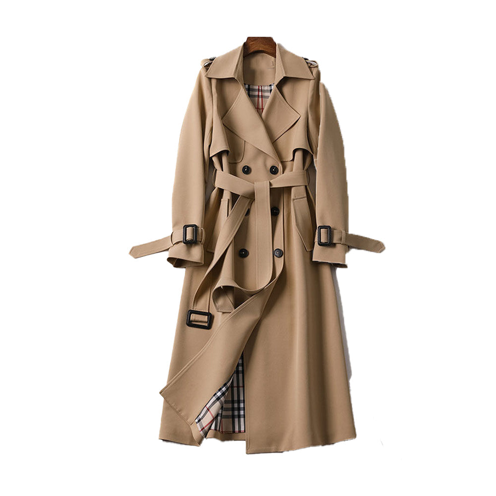 Elegant camel women's double-breasted trench coat with belt, ideal for classic outerwear & fall fashion.