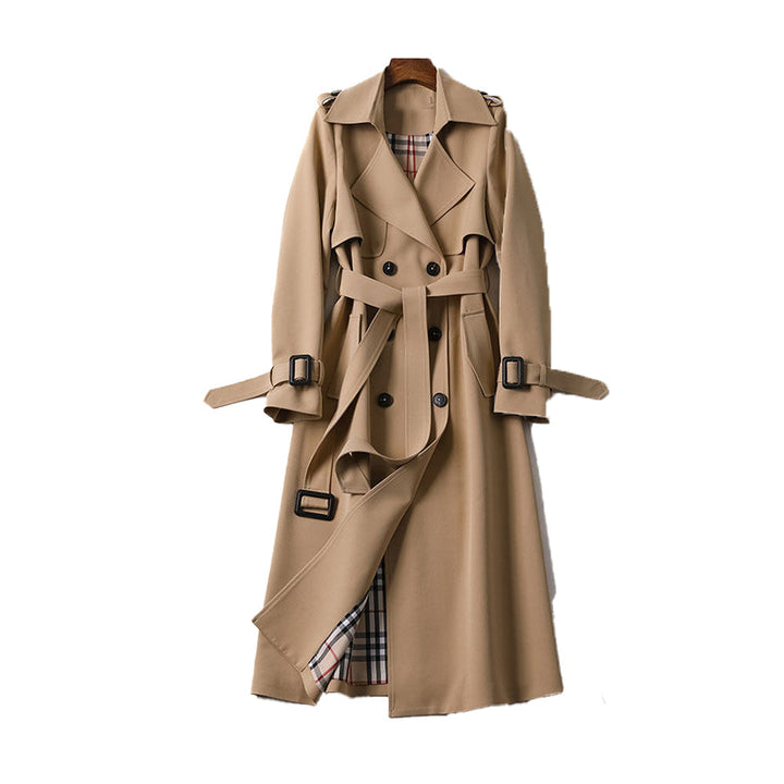 Elegant camel women's double-breasted trench coat with belt, ideal for classic outerwear & fall fashion.
