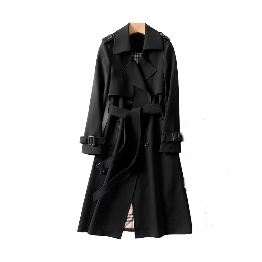 Stylish black women's mid-calf length trench coat, double-breasted design with belted waist for timeless look.