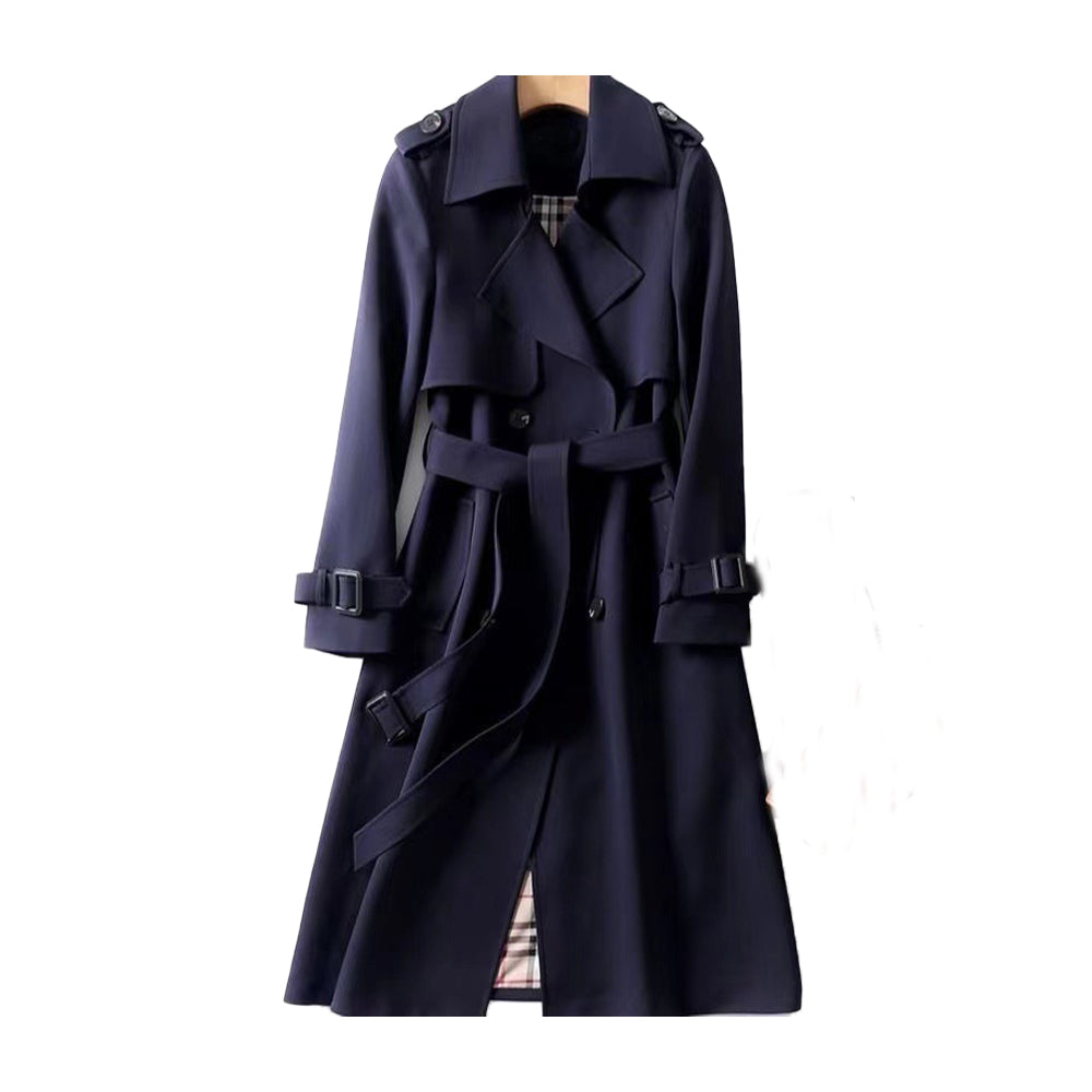 Navy women's classic trench coat, double-breasted & belted. Perfect smart casual outerwear for a polished look.